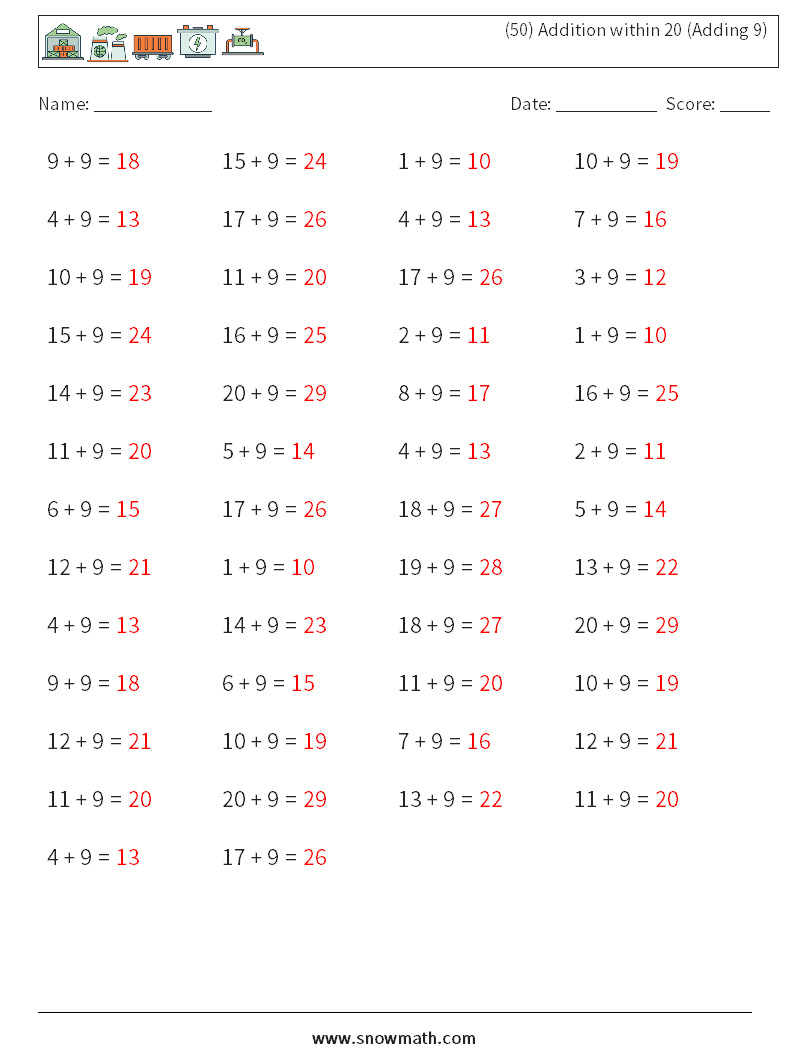 (50) Addition within 20 (Adding 9) Math Worksheets 2 Question, Answer