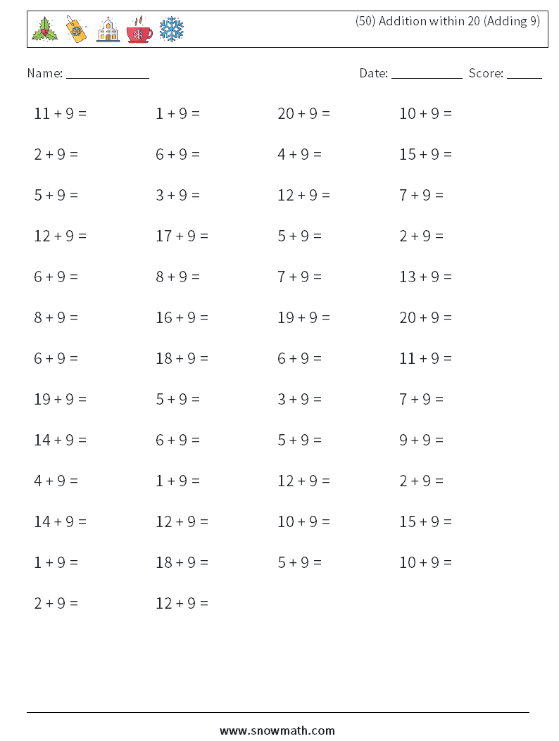 (50) Addition within 20 (Adding 9) Maths Worksheets 3