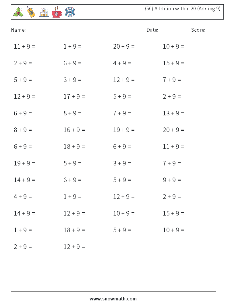 (50) Addition within 20 (Adding 9) Math Worksheets 3