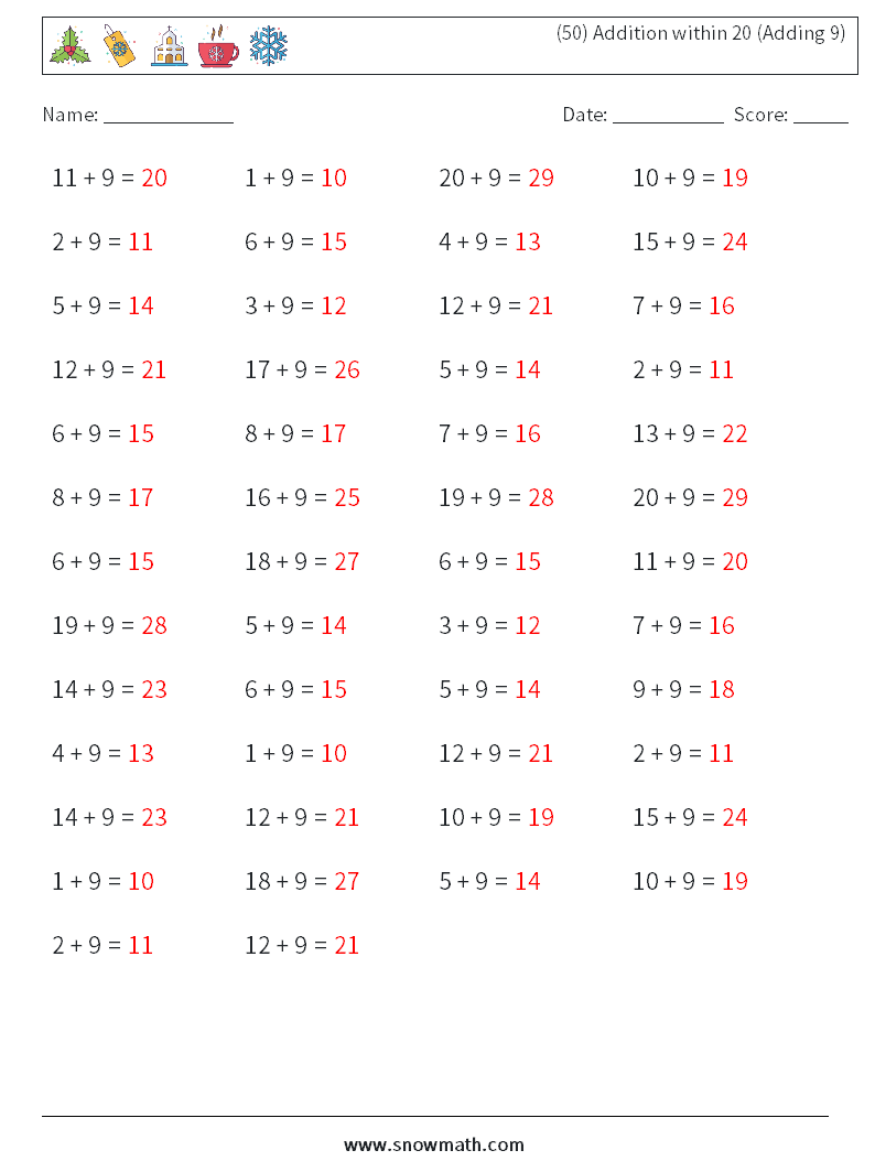 (50) Addition within 20 (Adding 9) Math Worksheets 3 Question, Answer