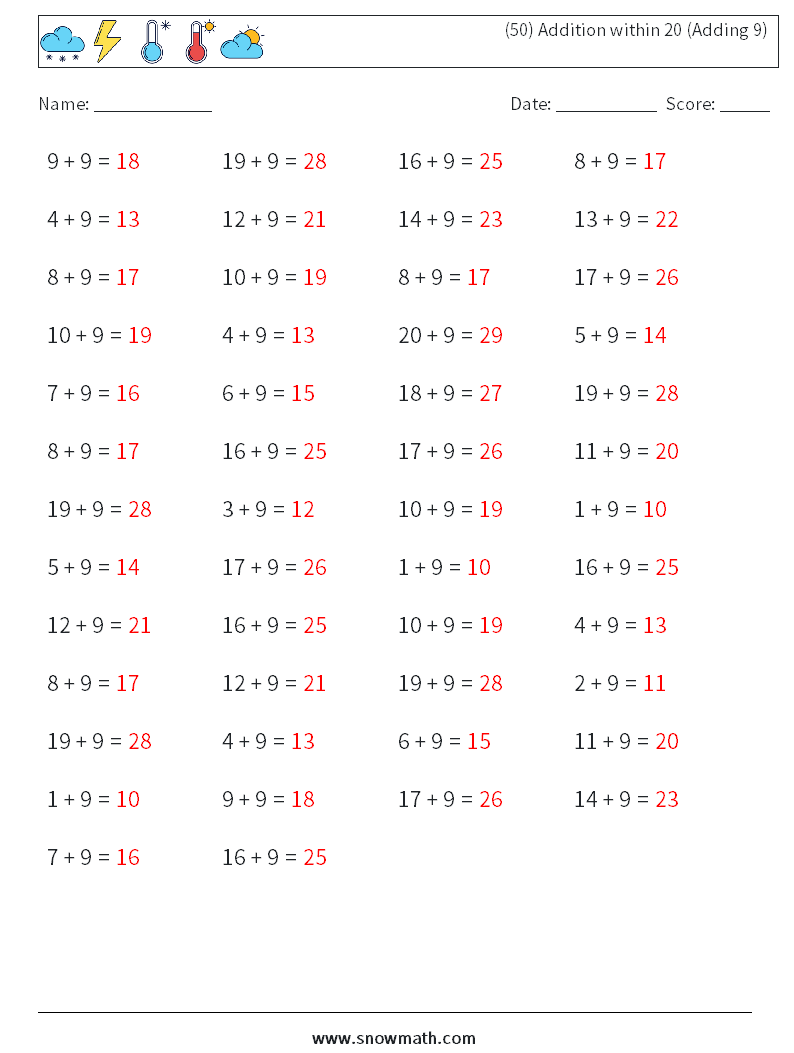 (50) Addition within 20 (Adding 9) Math Worksheets 4 Question, Answer