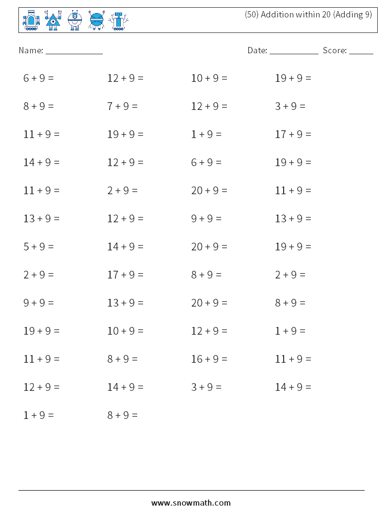 (50) Addition within 20 (Adding 9) Math Worksheets 5