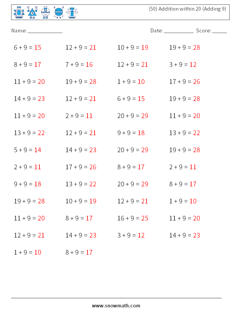 (50) Addition within 20 (Adding 9) Math Worksheets 5 Question, Answer