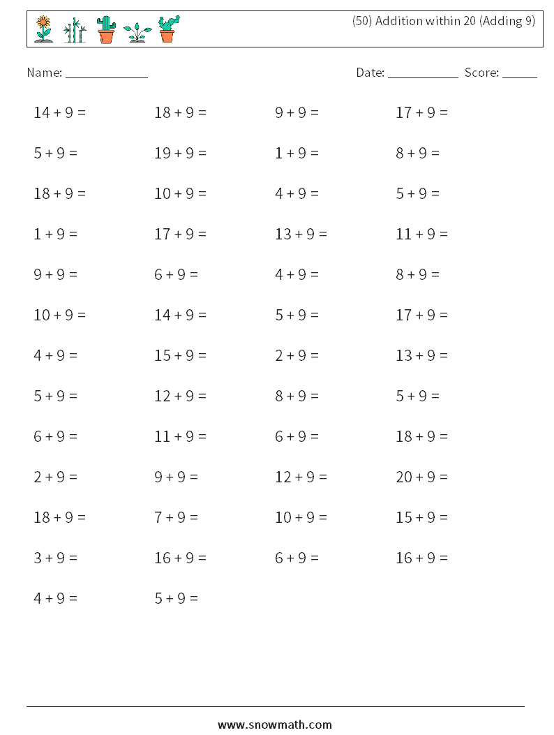 (50) Addition within 20 (Adding 9) Math Worksheets 6