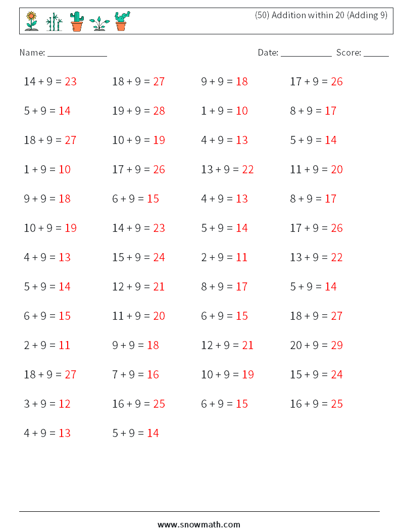 (50) Addition within 20 (Adding 9) Math Worksheets 6 Question, Answer