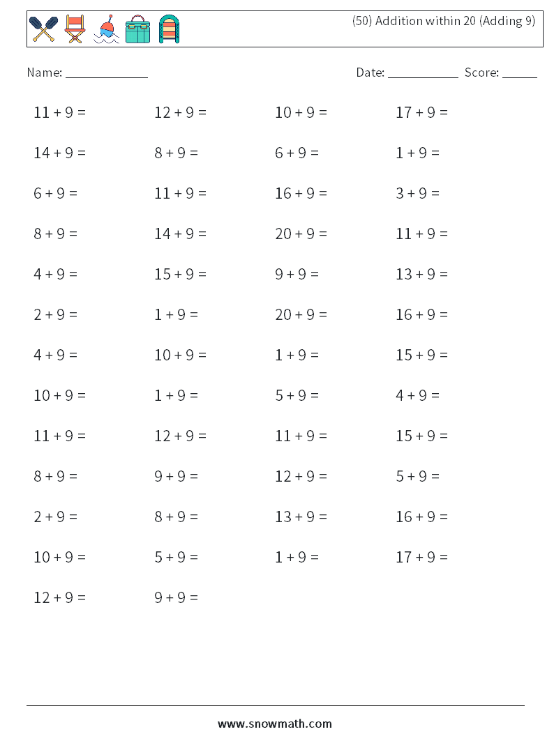 (50) Addition within 20 (Adding 9) Math Worksheets 7