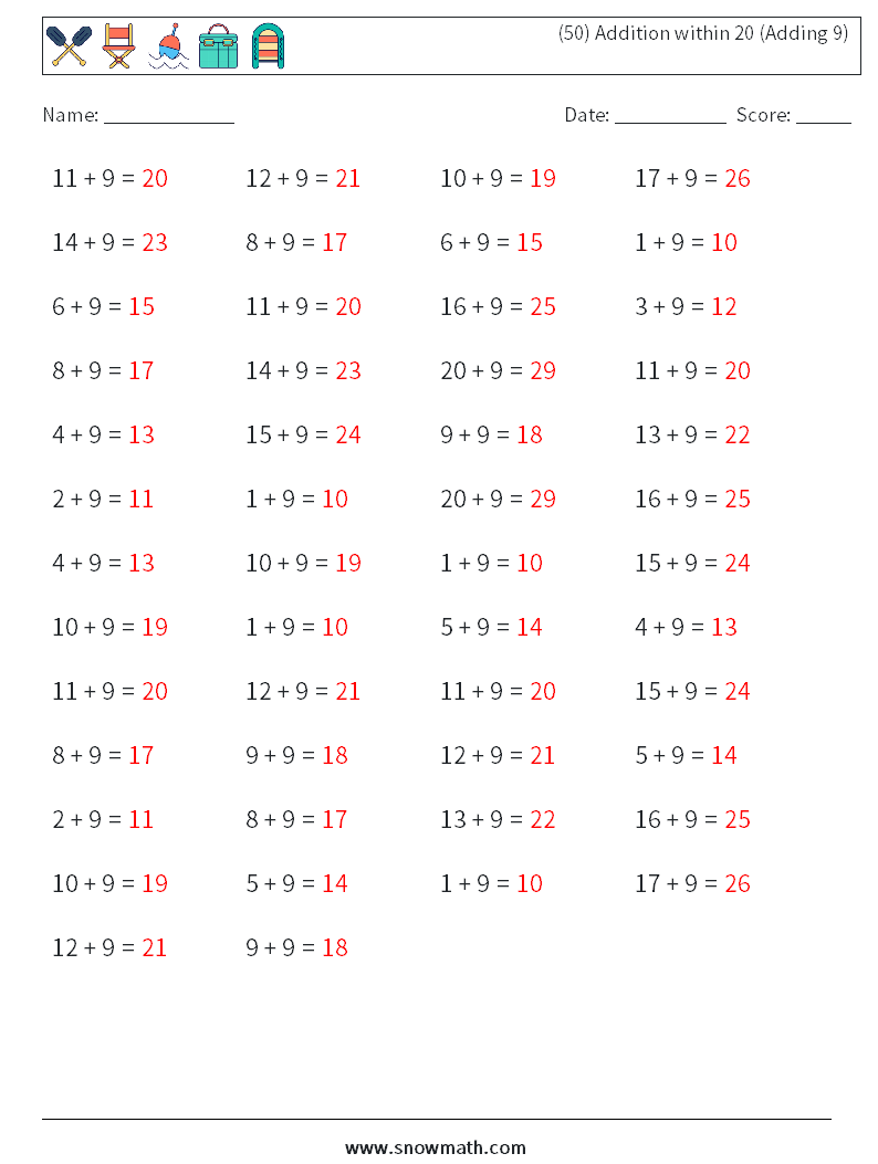 (50) Addition within 20 (Adding 9) Math Worksheets 7 Question, Answer