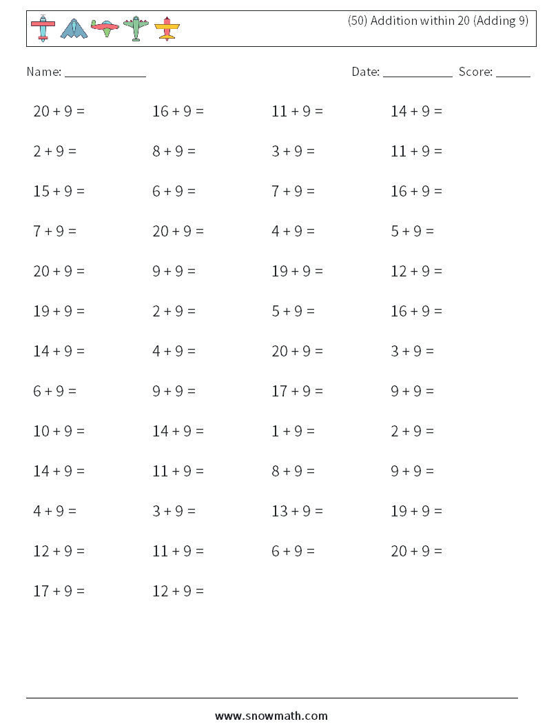 (50) Addition within 20 (Adding 9) Maths Worksheets 8