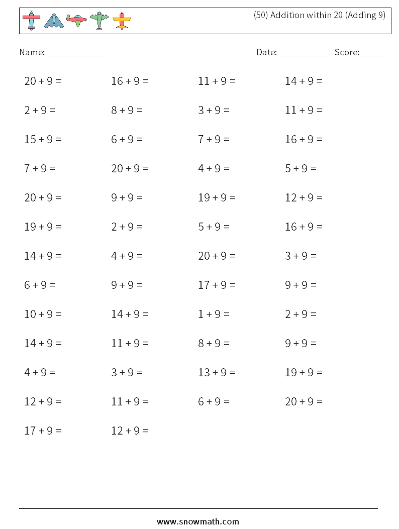 (50) Addition within 20 (Adding 9) Math Worksheets 8