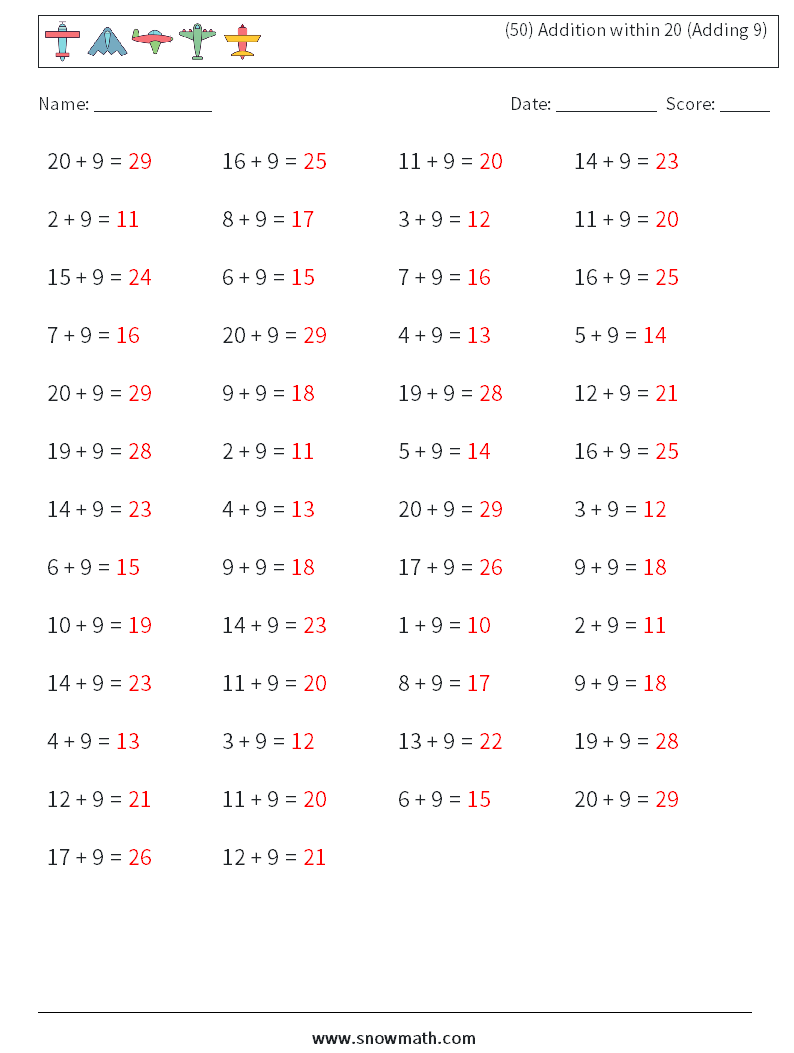 (50) Addition within 20 (Adding 9) Math Worksheets 8 Question, Answer