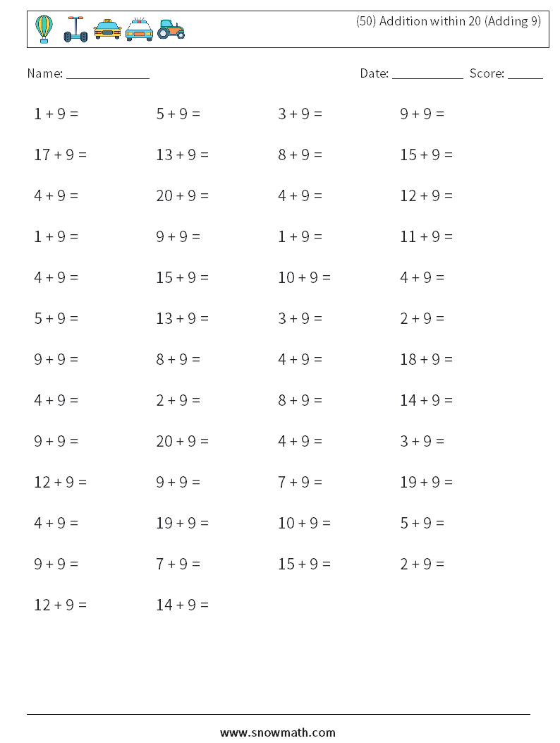 (50) Addition within 20 (Adding 9) Maths Worksheets 9