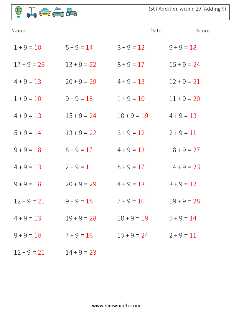 (50) Addition within 20 (Adding 9) Math Worksheets 9 Question, Answer