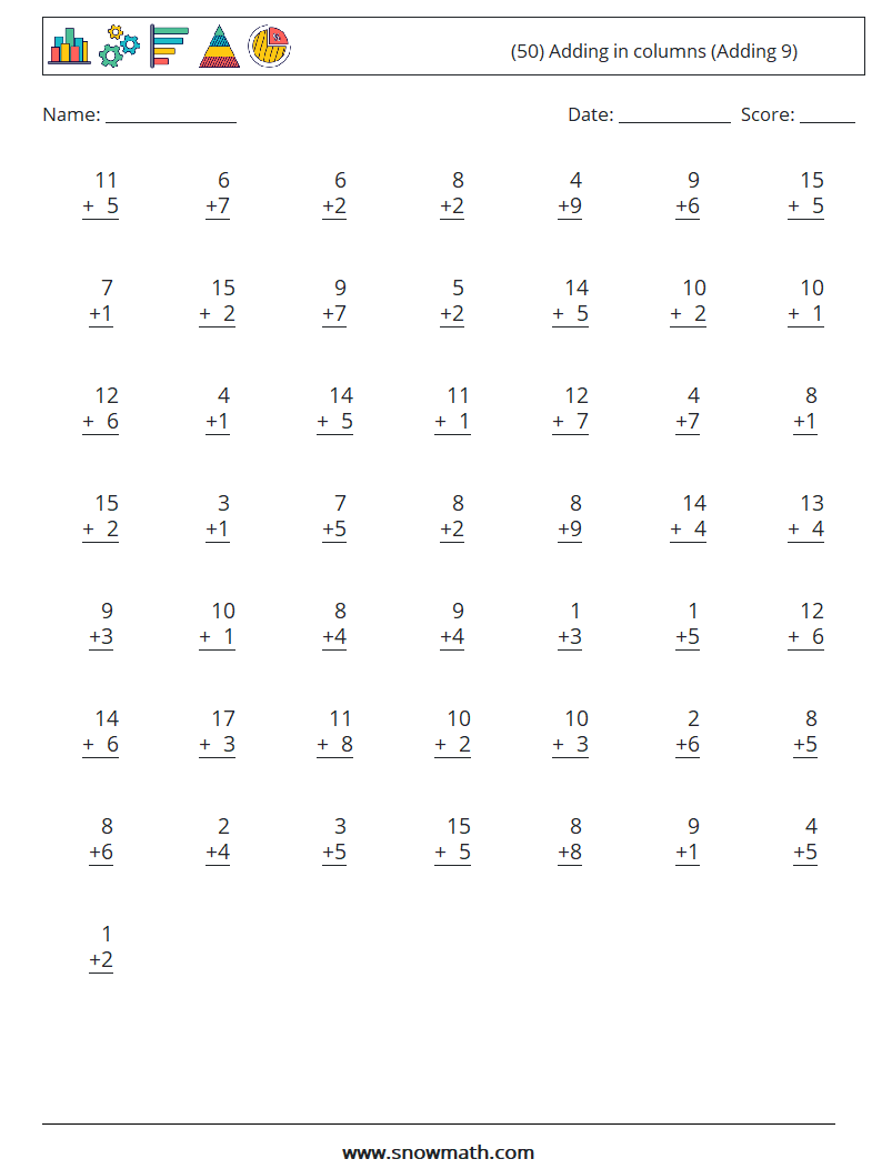 (50) Adding in columns (Adding 9) Maths Worksheets 1