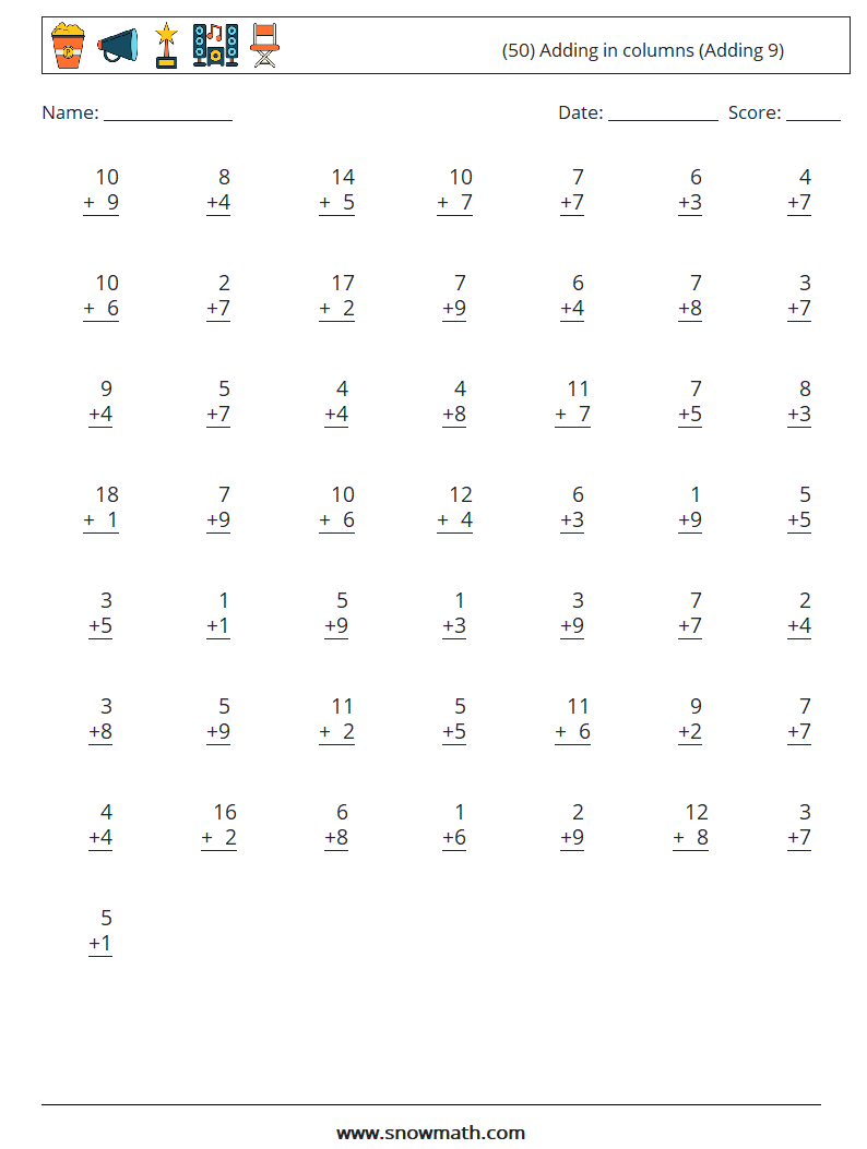 (50) Adding in columns (Adding 9) Maths Worksheets 10