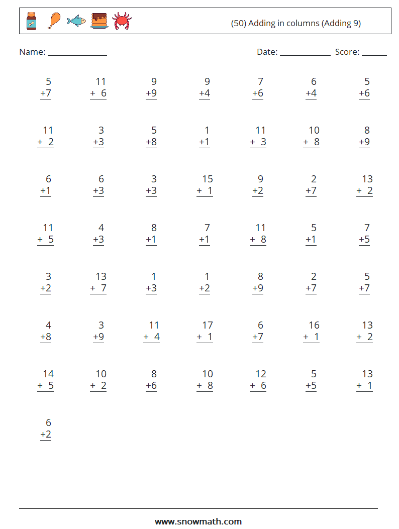 (50) Adding in columns (Adding 9) Math Worksheets 12