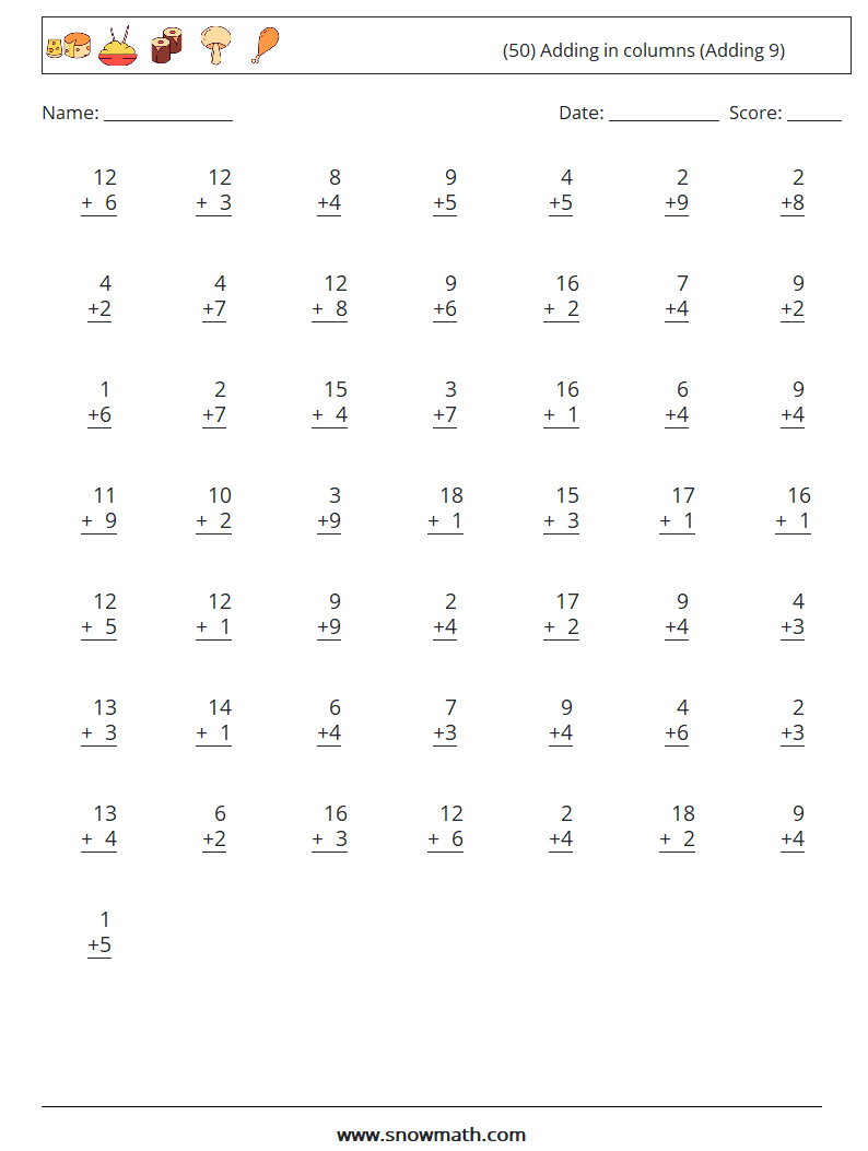 (50) Adding in columns (Adding 9) Maths Worksheets 13