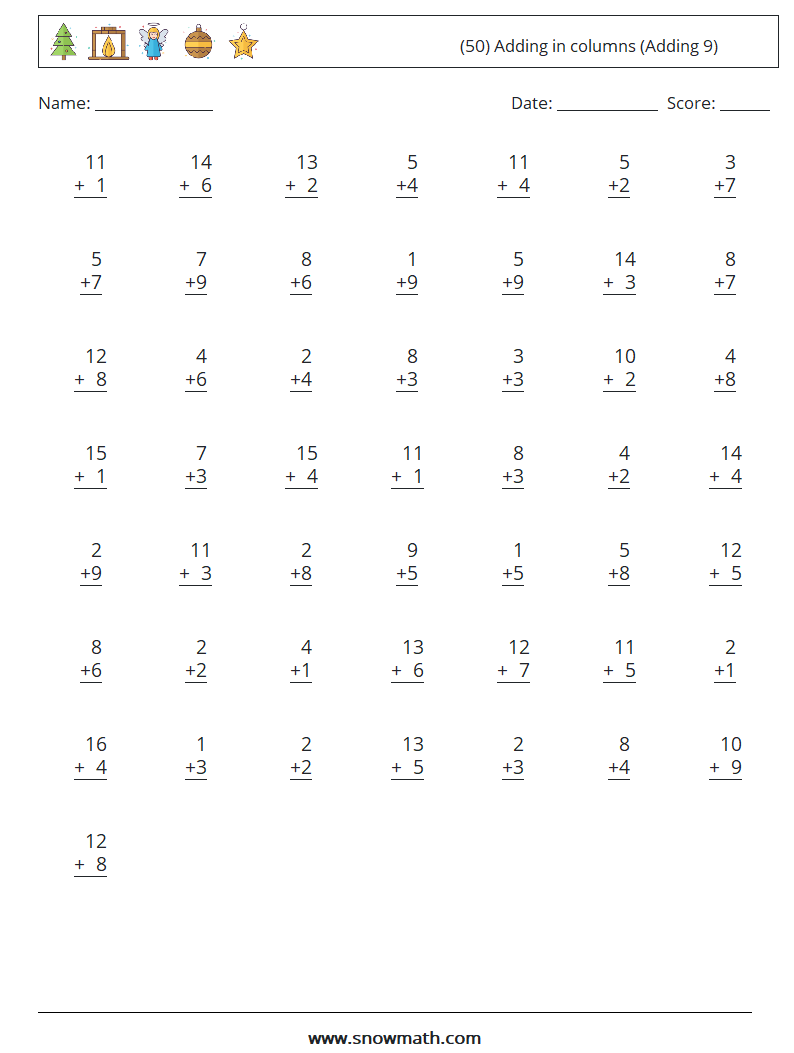 (50) Adding in columns (Adding 9) Math Worksheets 14