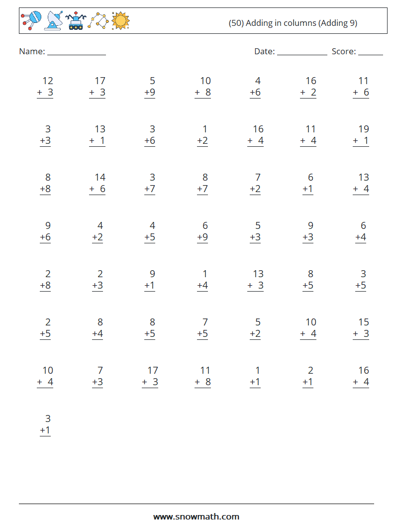 (50) Adding in columns (Adding 9) Math Worksheets 16