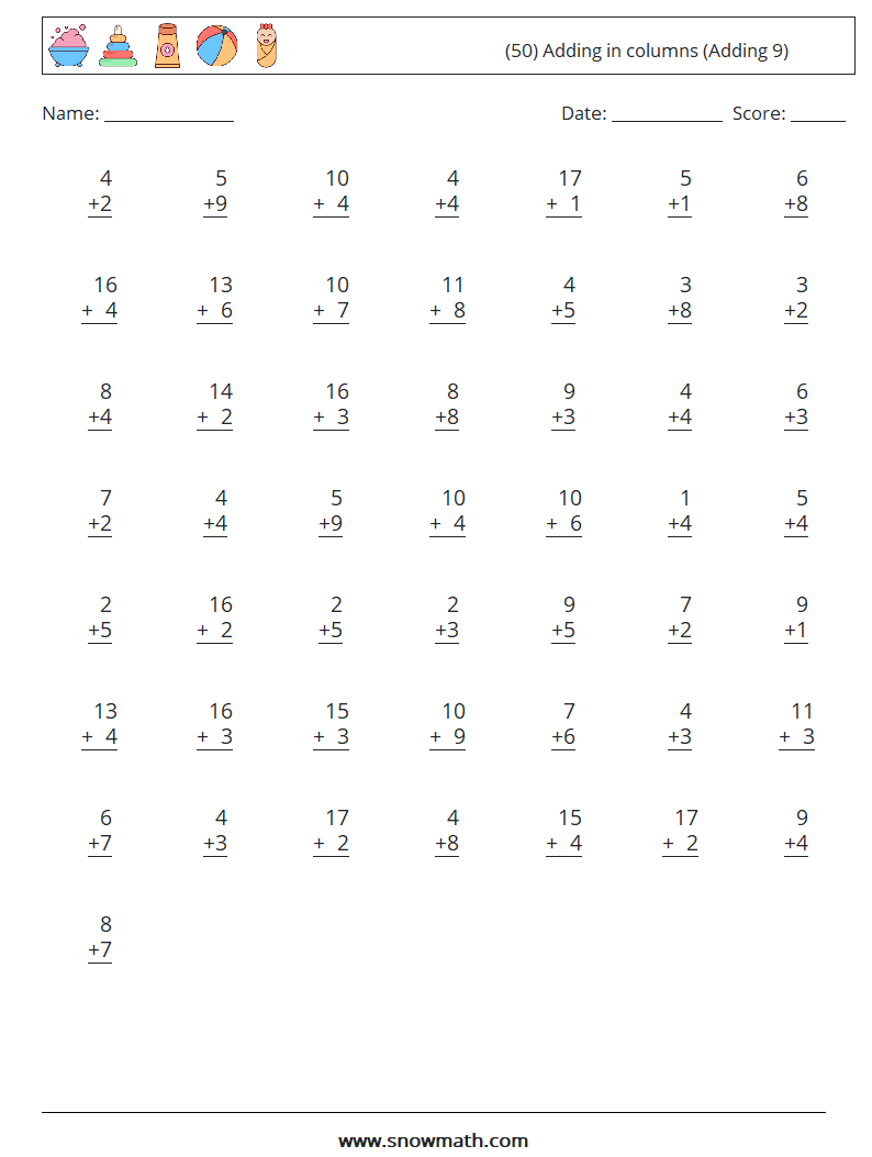 (50) Adding in columns (Adding 9) Math Worksheets 17