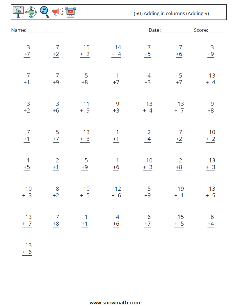 (50) Adding in columns (Adding 9) Maths Worksheets 18