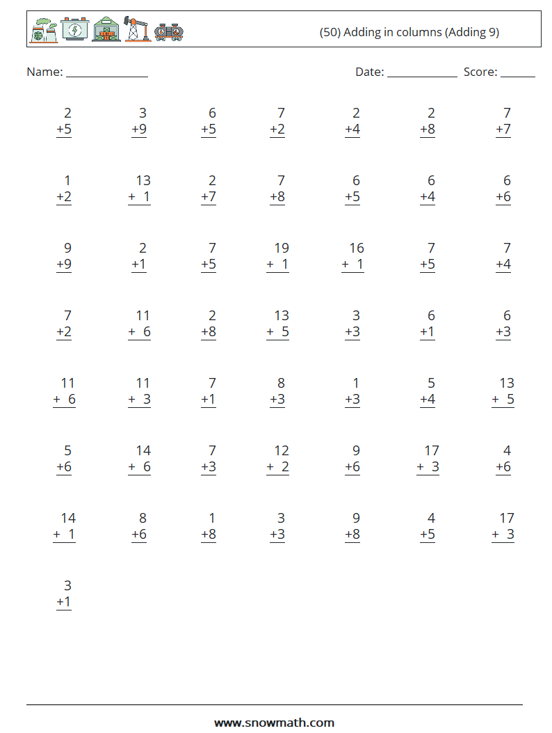 (50) Adding in columns (Adding 9) Maths Worksheets 2