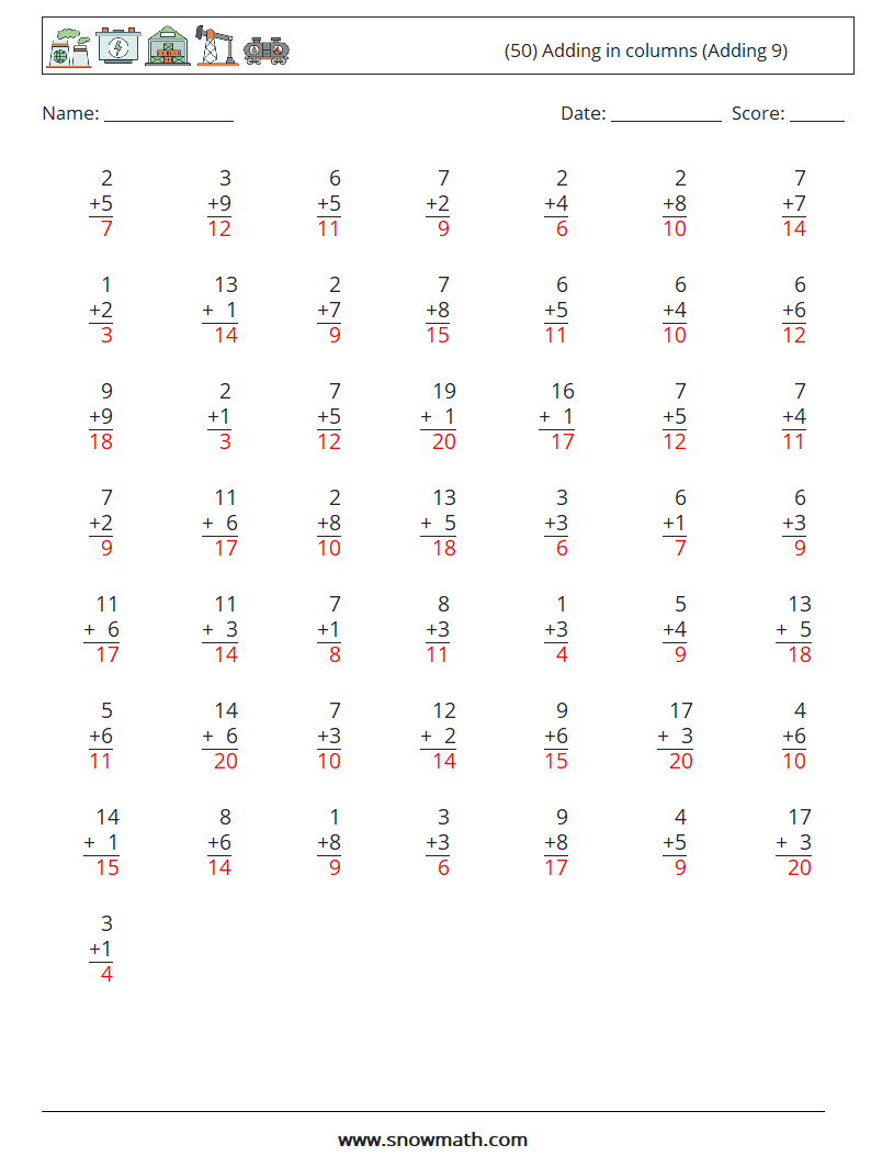 (50) Adding in columns (Adding 9) Math Worksheets 2 Question, Answer