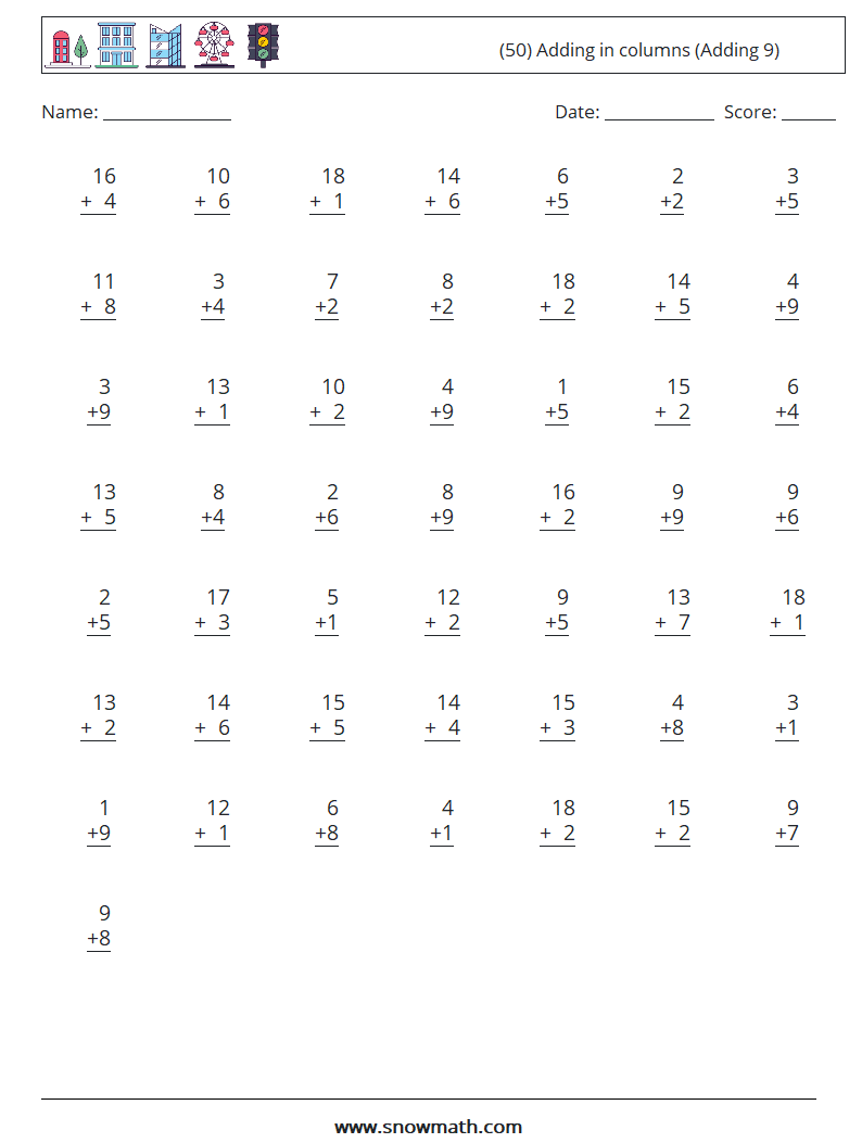 (50) Adding in columns (Adding 9) Math Worksheets 5