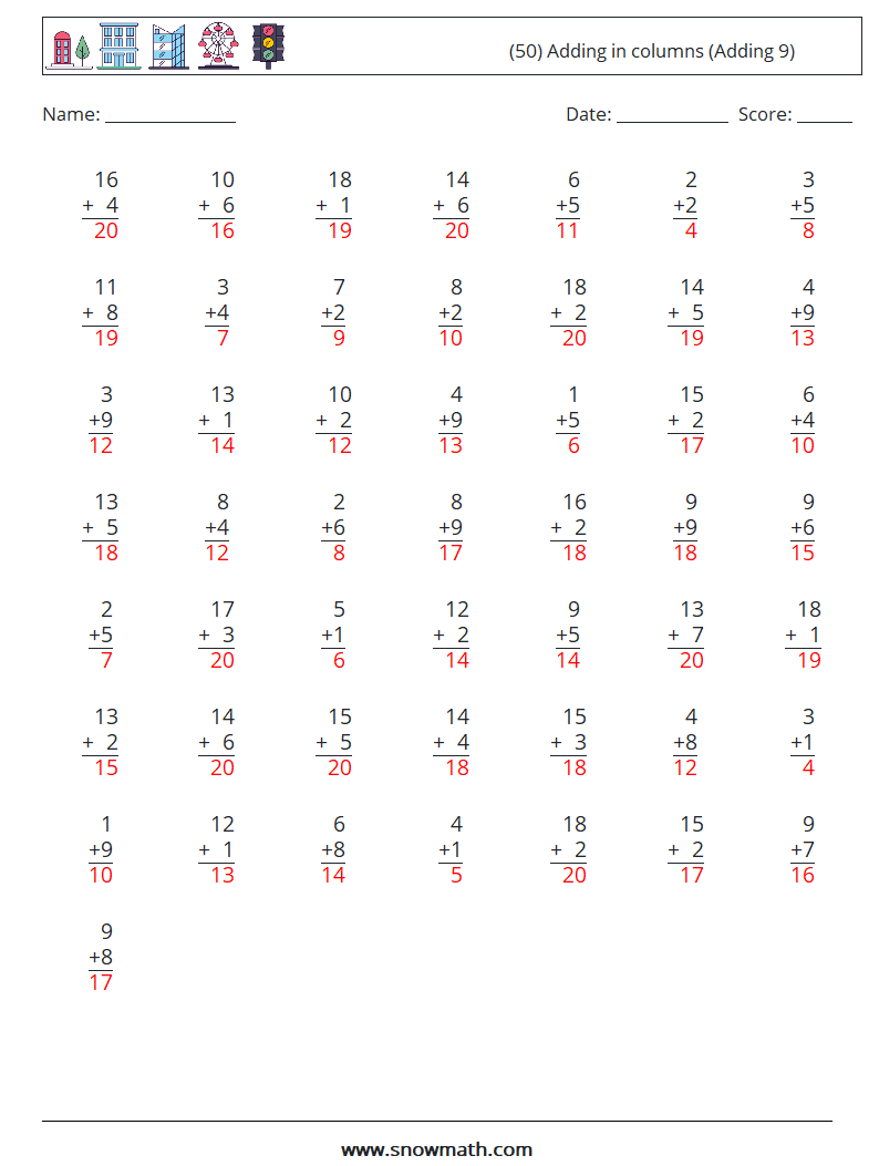 (50) Adding in columns (Adding 9) Math Worksheets 5 Question, Answer