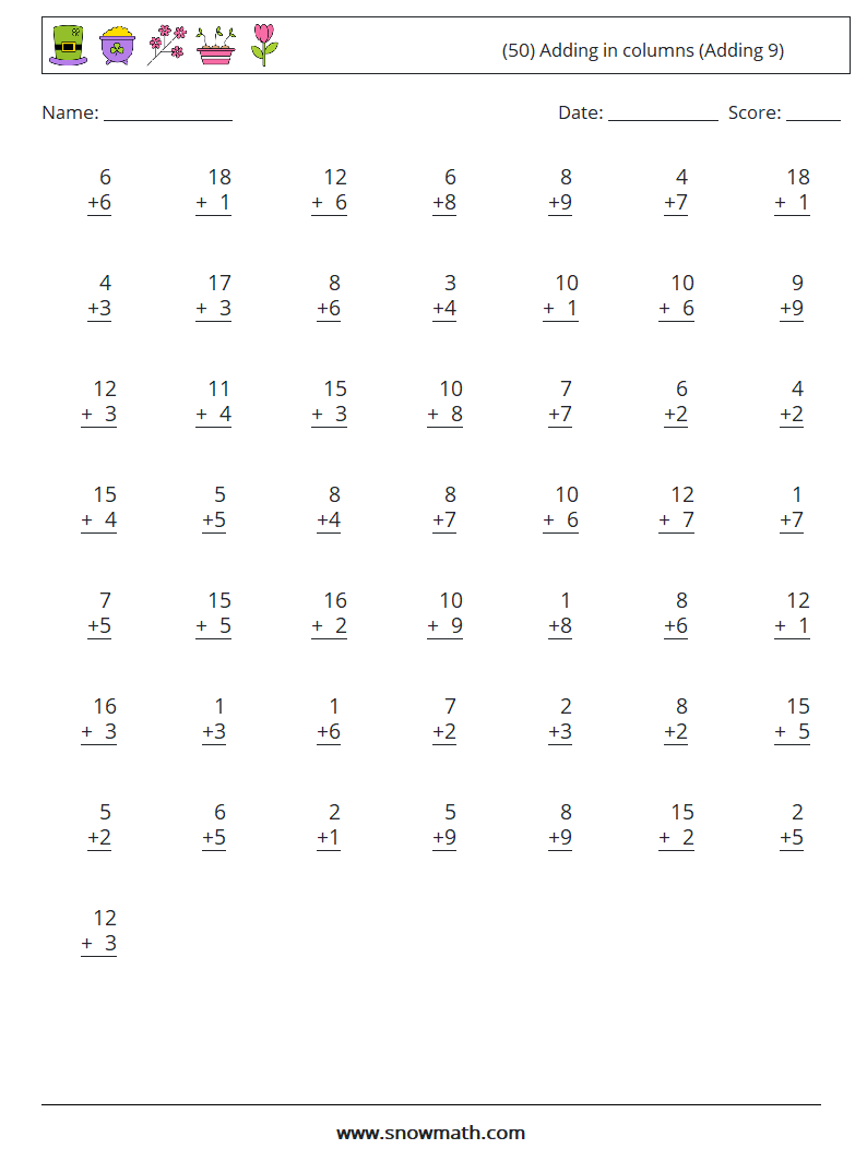 (50) Adding in columns (Adding 9) Maths Worksheets 6