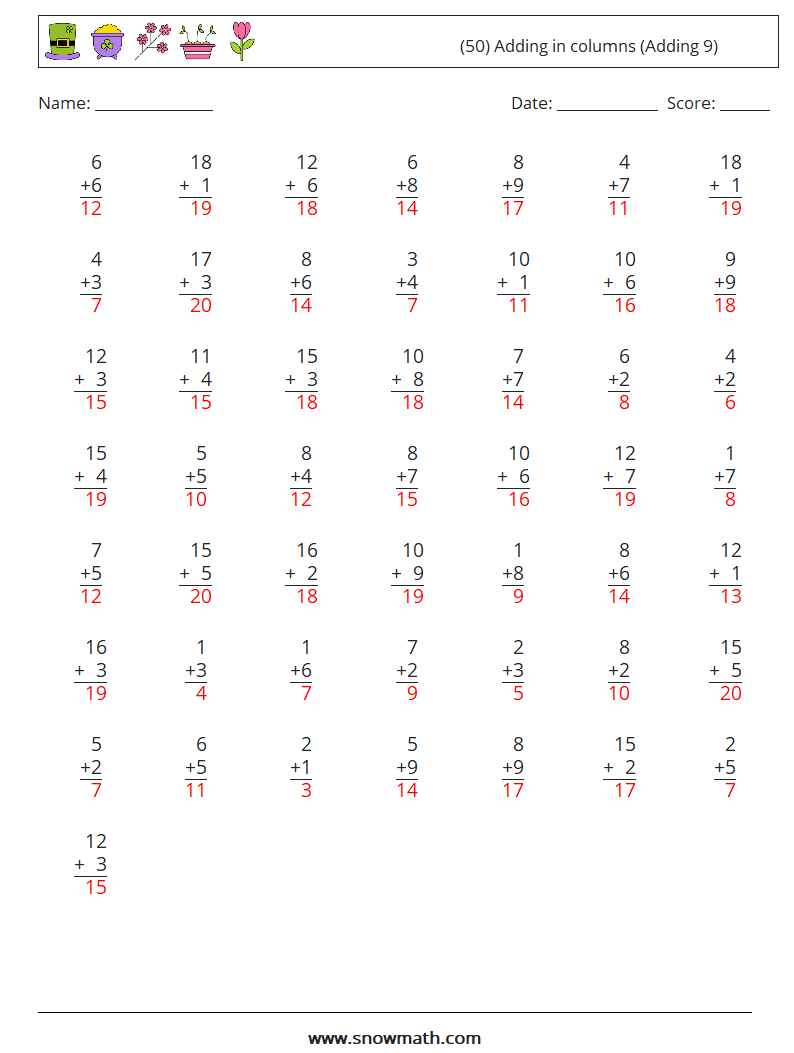 (50) Adding in columns (Adding 9) Math Worksheets 6 Question, Answer