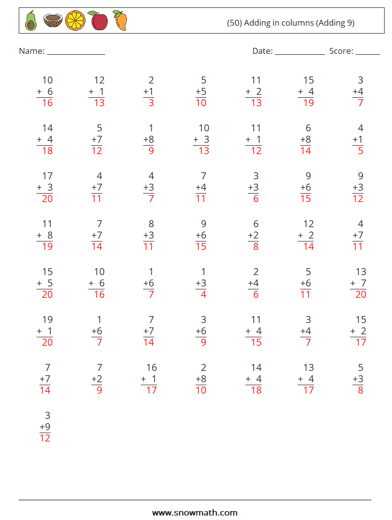 (50) Adding in columns (Adding 9) Math Worksheets 7 Question, Answer