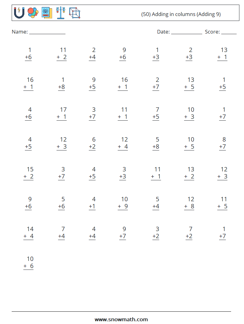 (50) Adding in columns (Adding 9) Math Worksheets 8