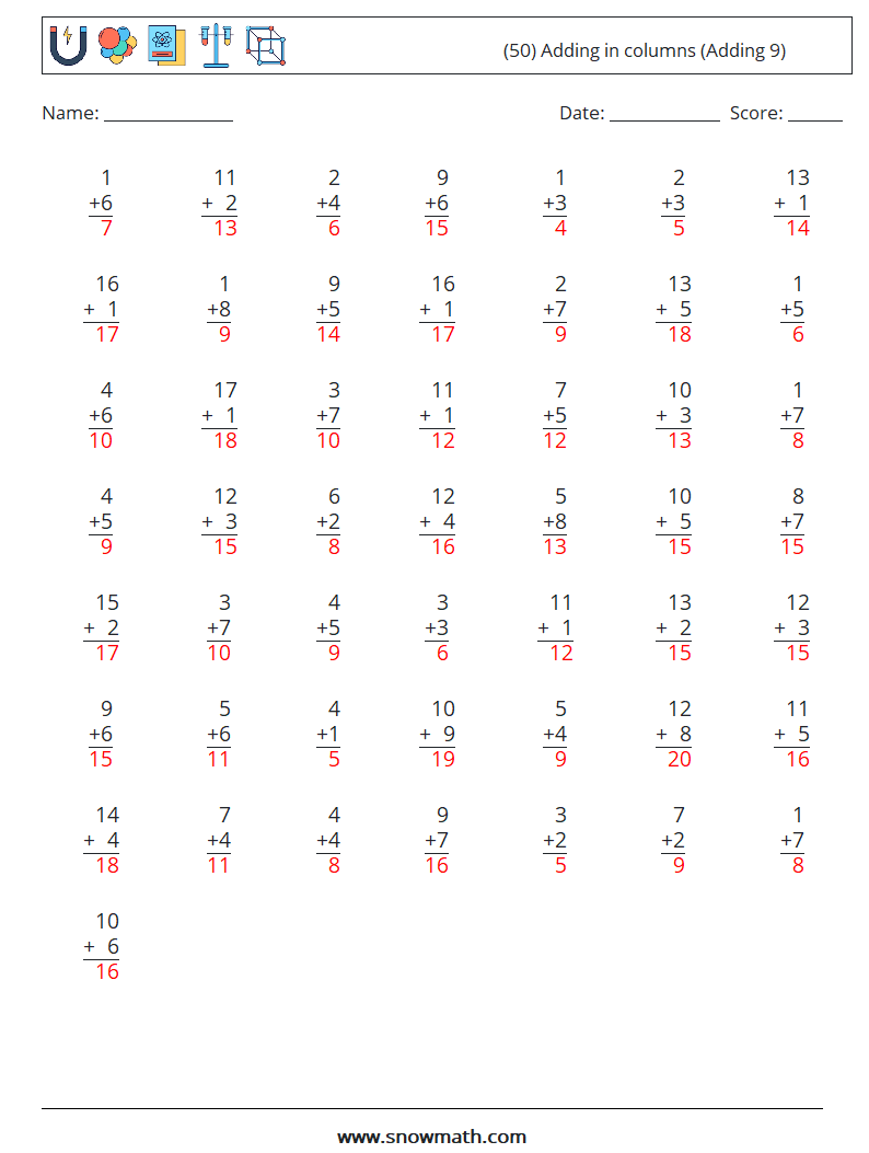 (50) Adding in columns (Adding 9) Math Worksheets 8 Question, Answer