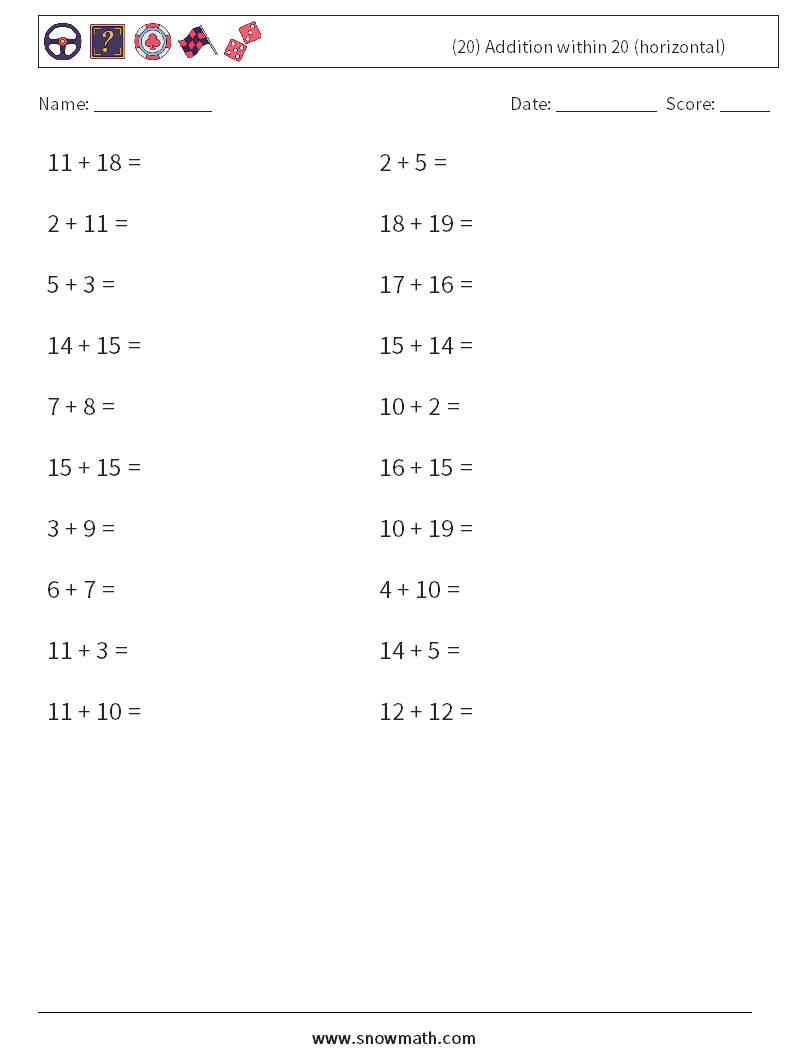 (20) Addition within 20 (horizontal) Math Worksheets 1