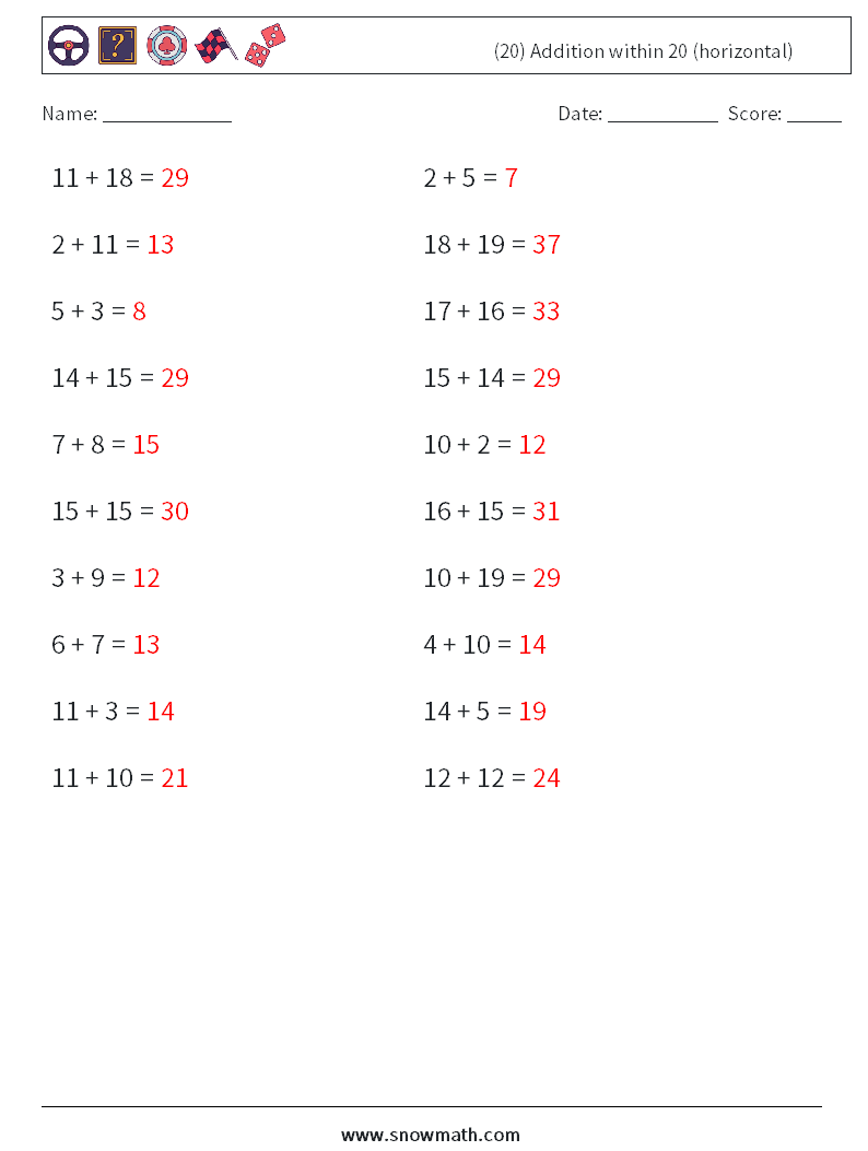 (20) Addition within 20 (horizontal) Math Worksheets 1 Question, Answer