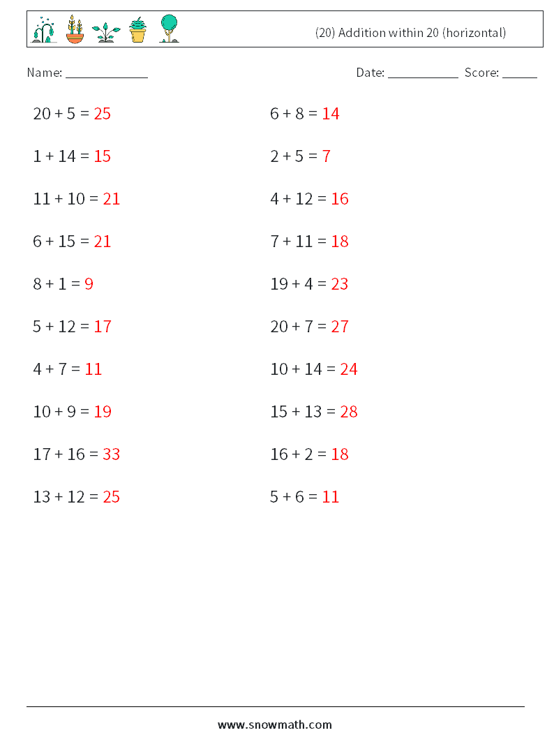 (20) Addition within 20 (horizontal) Math Worksheets 2 Question, Answer