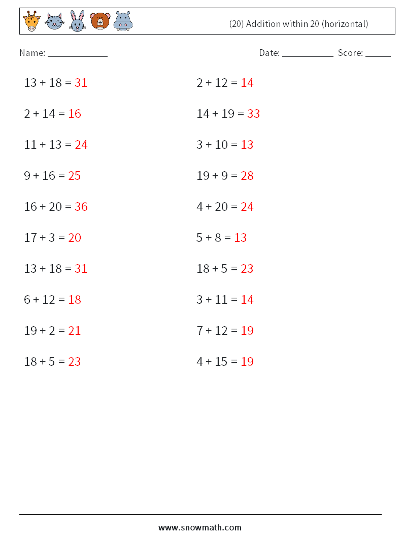 (20) Addition within 20 (horizontal) Math Worksheets 3 Question, Answer