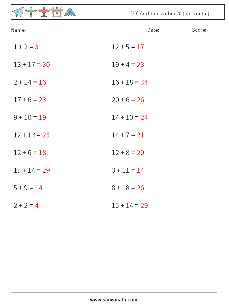 (20) Addition within 20 (horizontal) Math Worksheets 4 Question, Answer