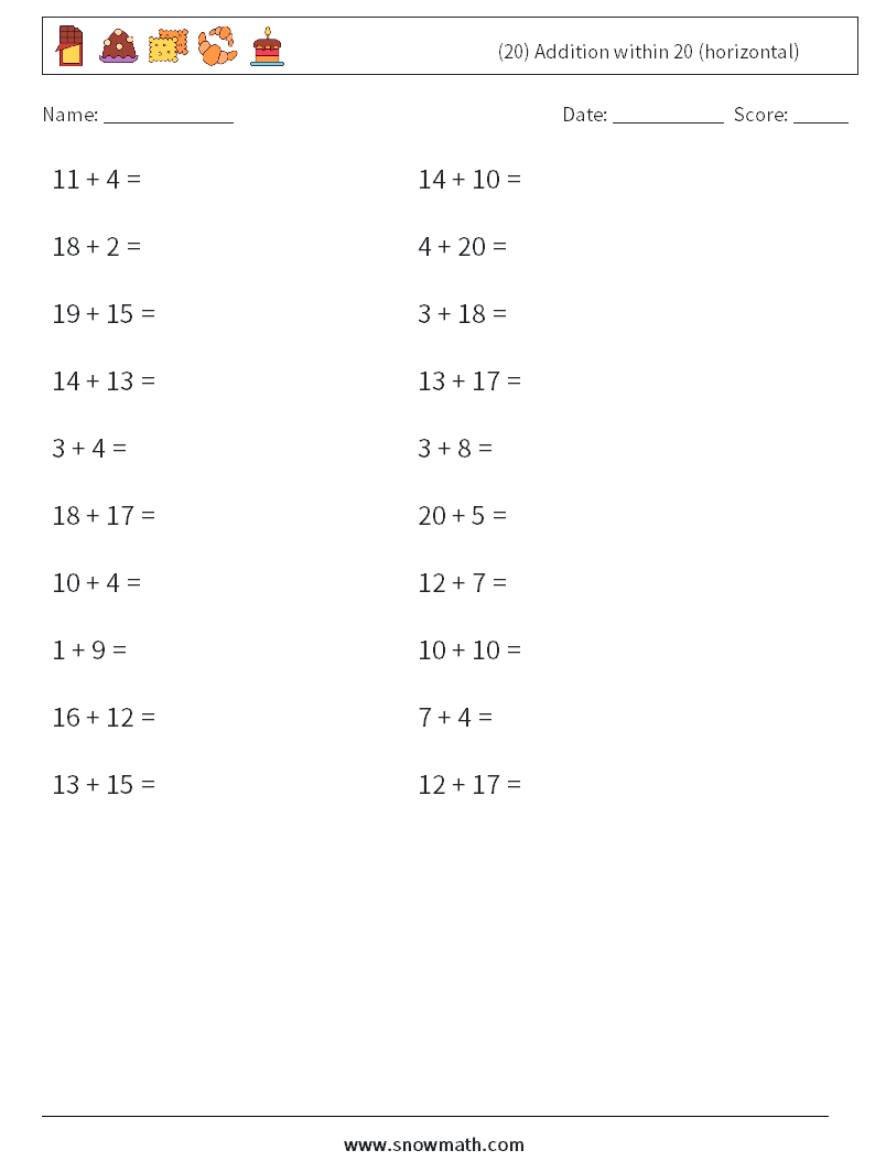(20) Addition within 20 (horizontal) Math Worksheets 5
