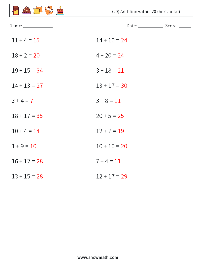 (20) Addition within 20 (horizontal) Math Worksheets 5 Question, Answer