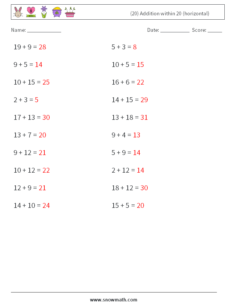 (20) Addition within 20 (horizontal) Math Worksheets 6 Question, Answer