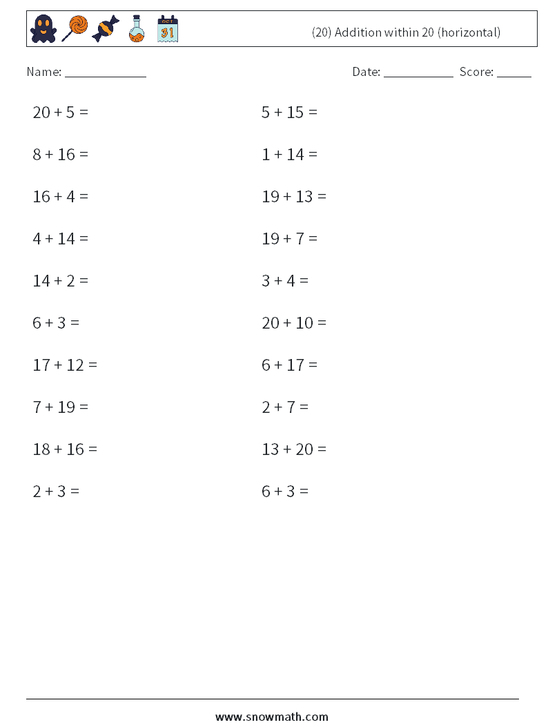 (20) Addition within 20 (horizontal) Math Worksheets 7