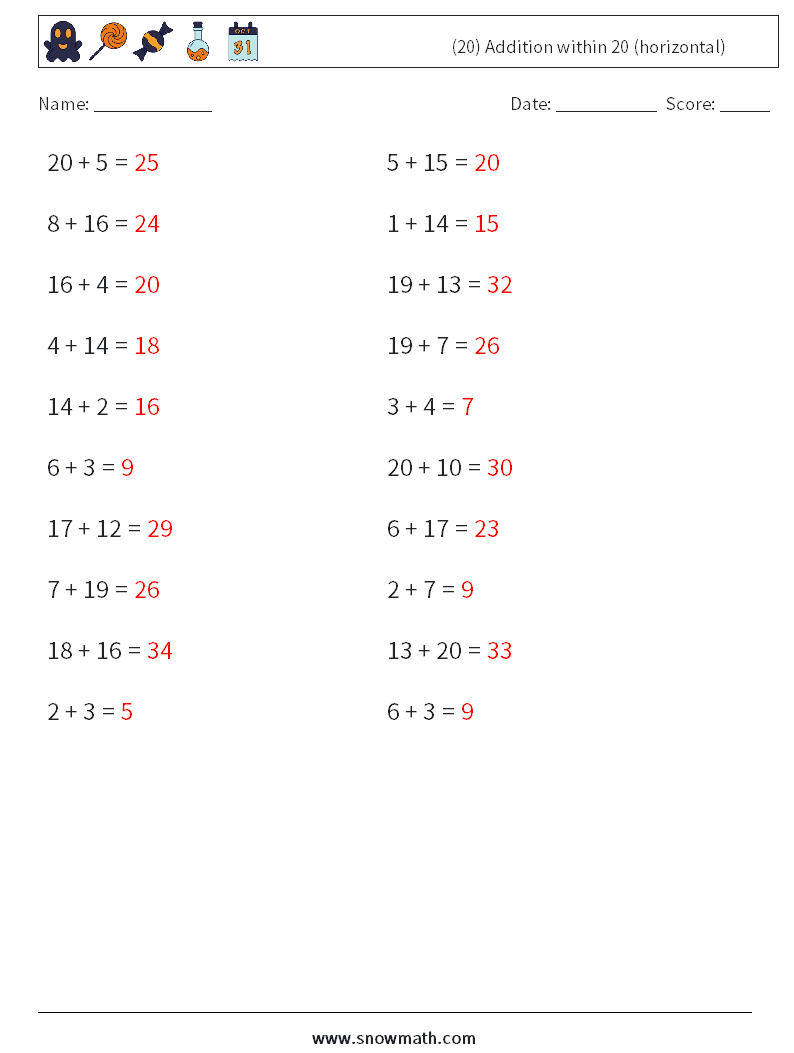 (20) Addition within 20 (horizontal) Math Worksheets 7 Question, Answer