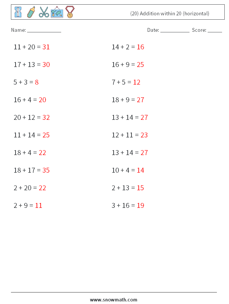 (20) Addition within 20 (horizontal) Math Worksheets 8 Question, Answer