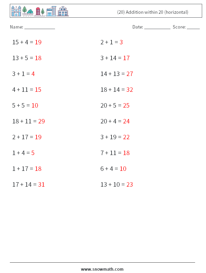 (20) Addition within 20 (horizontal) Math Worksheets 9 Question, Answer