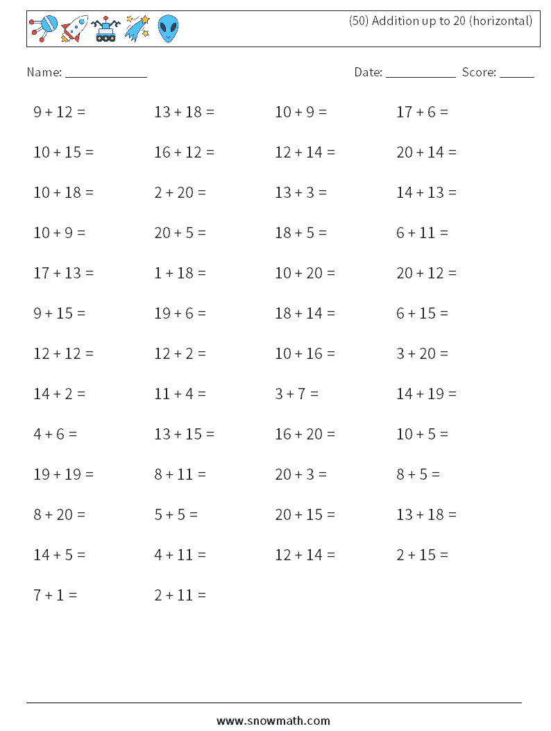 (50) Addition up to 20 (horizontal) Math Worksheets 1