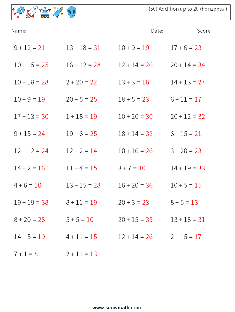 (50) Addition up to 20 (horizontal) Math Worksheets 1 Question, Answer