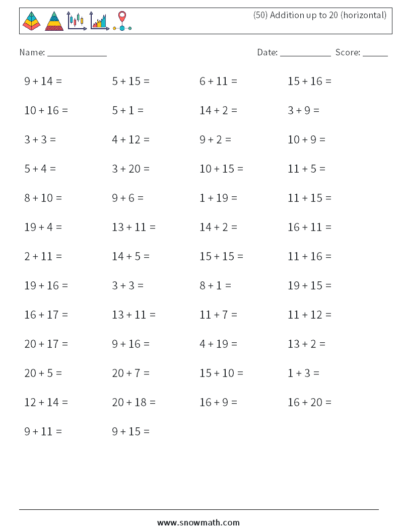 (50) Addition up to 20 (horizontal) Maths Worksheets 8