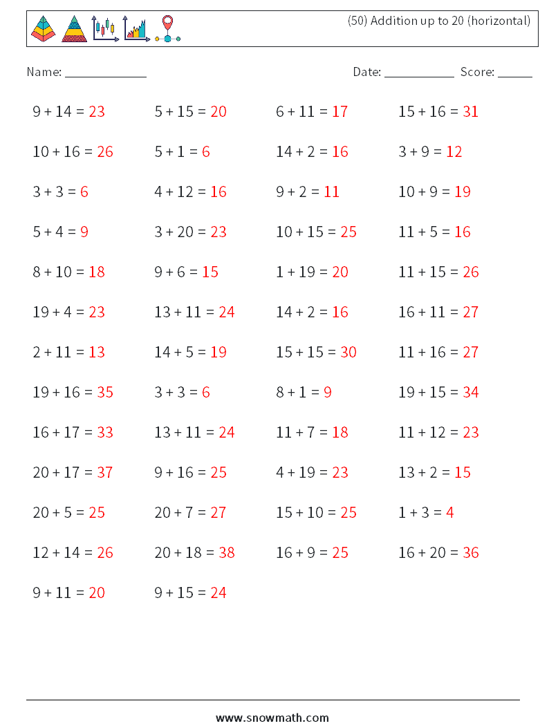 (50) Addition up to 20 (horizontal) Math Worksheets 8 Question, Answer