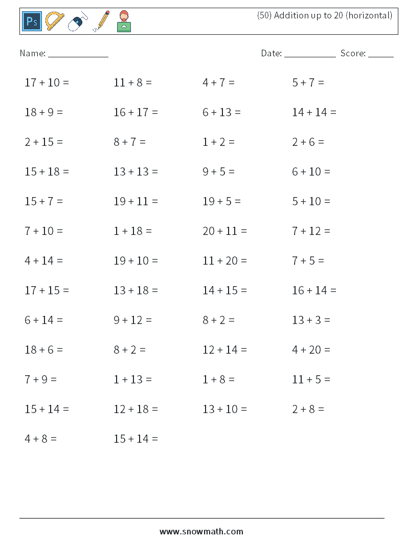 (50) Addition up to 20 (horizontal) Maths Worksheets 9